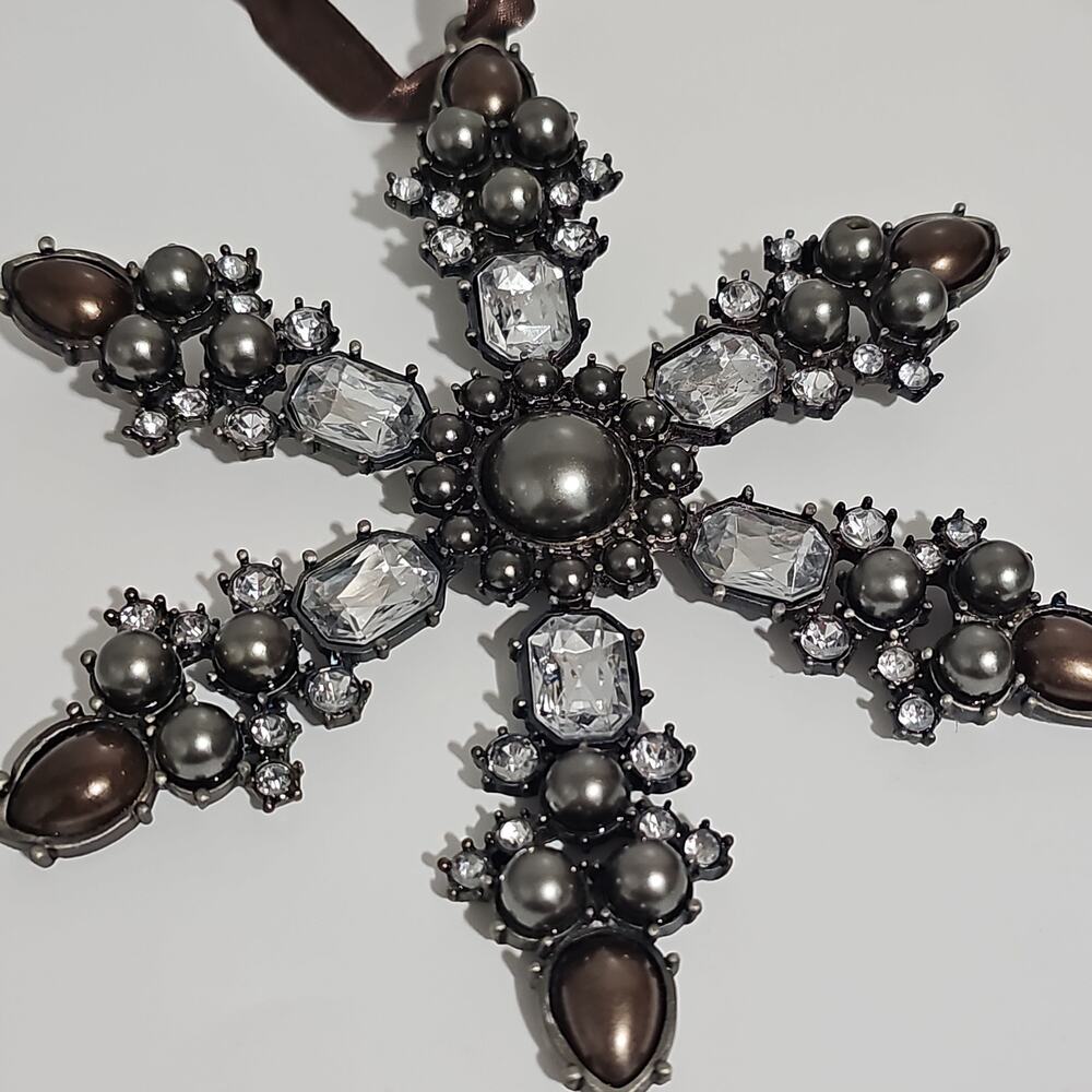 Jeweled Snowflake Christmas Ornament Rhinestone Pearl Gunmetal Holiday Decor